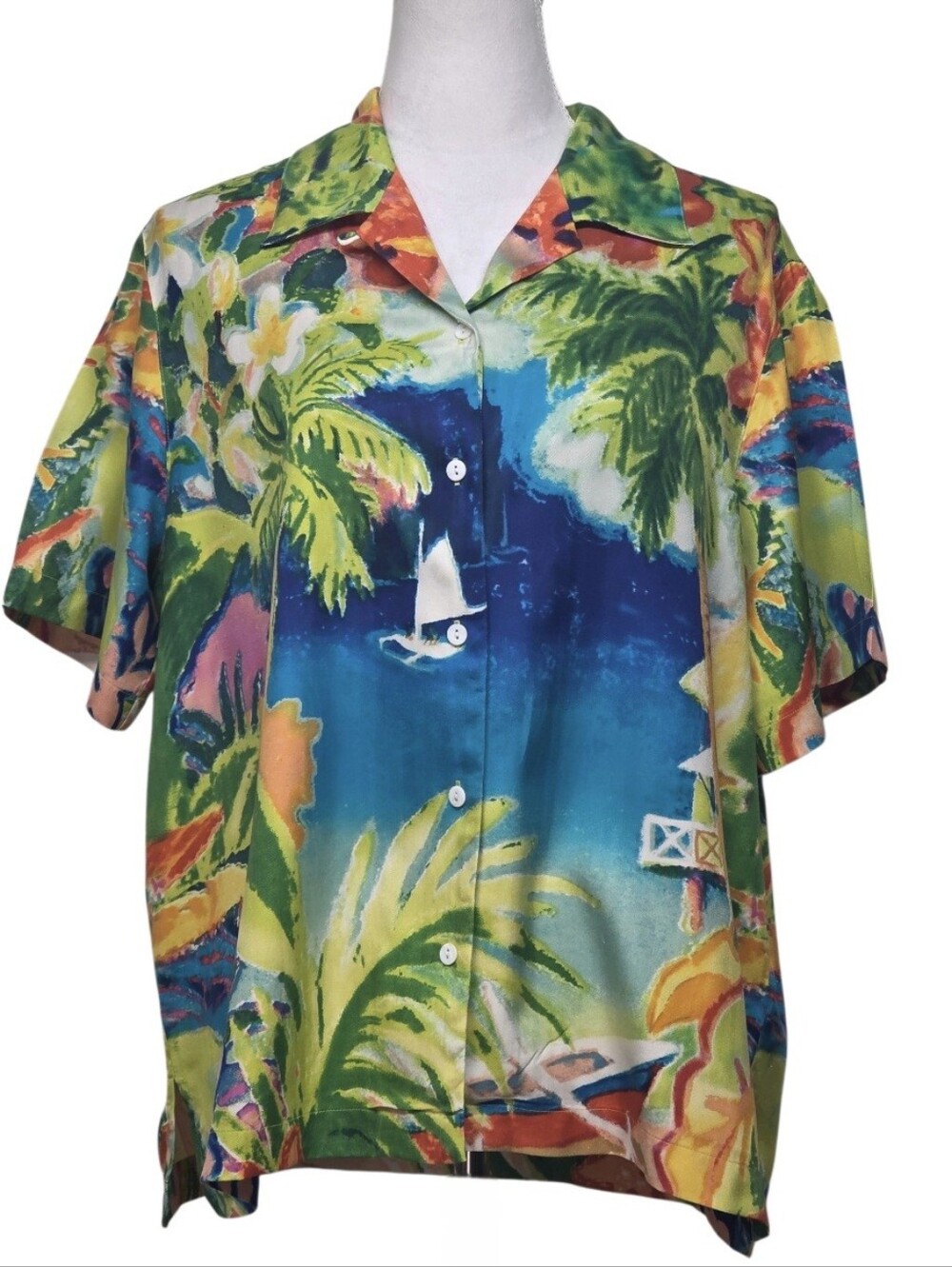 Michael Leu Multicolor Tropical Art Wear Short-Sleeve Button Blouse, Size Large